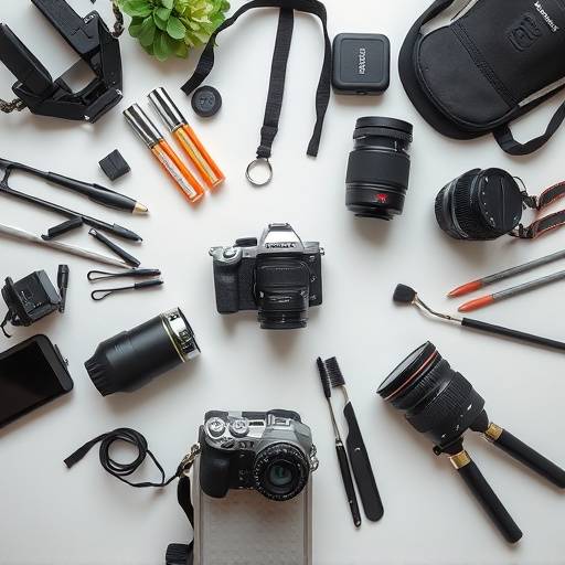 Overhead shot of camera equipment and styling tools - featured image