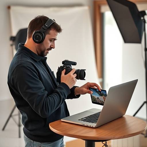 Photographer reviewing images on a laptop in a studio setting - featured image